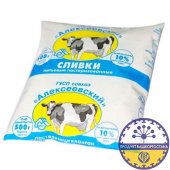 Сливки "Алексеевские" с м.д.ж. 10 %, упаковка - полимерный пакет, 500 г.