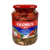 Консервы овощные: ассорти из томатов и огурцов маринованные. Пастеризованные. ТМ "Globus"
