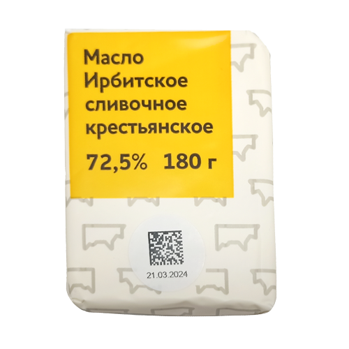 Масло сливочное крестьянское сладко-сливочное несоленое 72,5%, высший сорт ТМ "Ирбитское"