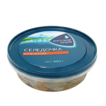 Пресервы. Филе-кусочки сельди атлантической слабосоленые "Селедочка аппетитная в масле" ТМ "Русское море" - 4 605 561 012 576
