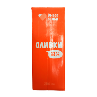 Сливки ультрапастеризованные питьевые,  с м.д.ж. 33% ТМ "Выбор семьи" - 4 606 068 692 810