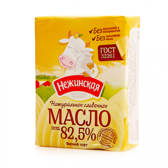 Масло сладко-сливочно несоленое  традиционное ТМ "Нежинская" с м.д.ж 82,5 %, высший сорт, фасованное в пачки по 180 г. - 