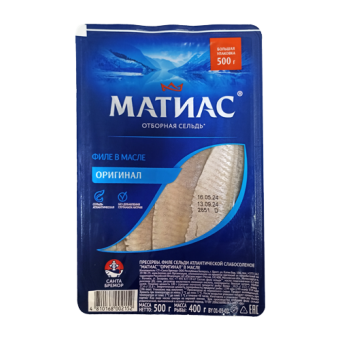 Пресервы. Филе сельди атлантической слабосоленое "МАТИАС" "Оригинал" в масле ТМ "Санта-Бремор" - 4 810 168 002 152