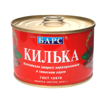 Килька балтийская (шпрот) неразделанная в томатном соусе ТМ"Барс" - 4 607 029 230 102
