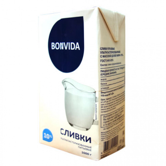 Сливки питьевые ультрапастеризованные с м.д.ж. 10 %, ТМ "Bonvida", упаковка - Тetra Brik Aseptic, 1000 г. - 4606068251994