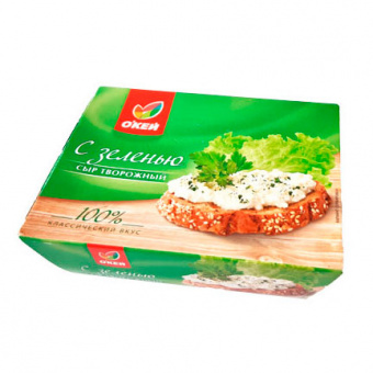 Сыр творожный "С зеленью" ТМ "О`Кей", м.д.ж. в сухом веществе 60%, в пластиковом контейнере по 200 г. - 4607069985833