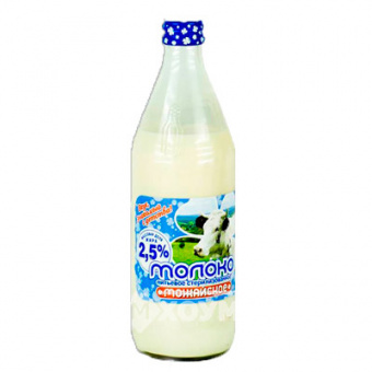 Молоко  питьевое стеризованное  ТМ "Можайское", с м.д.ж.2,5%, стеклянная бутылка, объем 0,45 л. - 