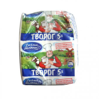 Творог с м.д.ж 5,0 % ТМ "Веселый молочник", упаковка -  Flow-pack, 180 г. - 4690228019777