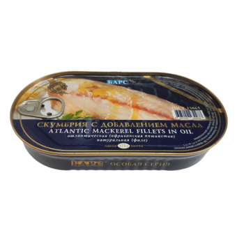 Консервы рыбные стерилизованные "Скумбрия с добавлением масла, атлантическая (африканская пятнистая) натуральная (филе)" ТМ "Барс" - 4 607 029 234 278