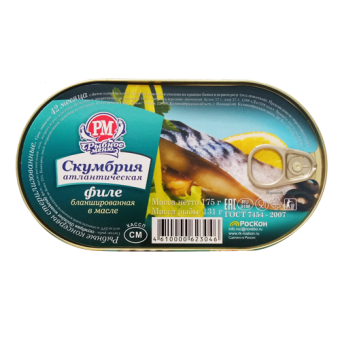 Консервы рыбные стерилизованные "Скумбрия атлантическая (филе) бланшированная в масле" ТМ "Рыбное меню" - 4 610 000 623 046
