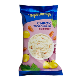 Сырок творожный с сахаром и изюмом с массовой долей жира 8,% ТМ "Первый вкус" - 4 607 008 058 178